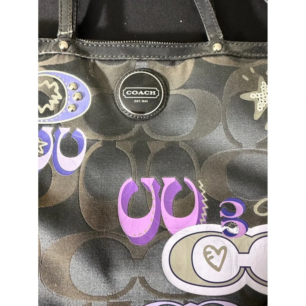 Coach Tote Bag Medium Black Purple Excellent Poppy‎ Signature Graffiti F17587